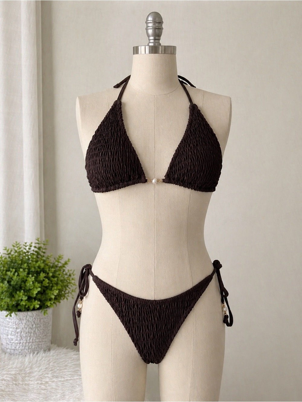 Brown Smocked Triangle Bikini Set